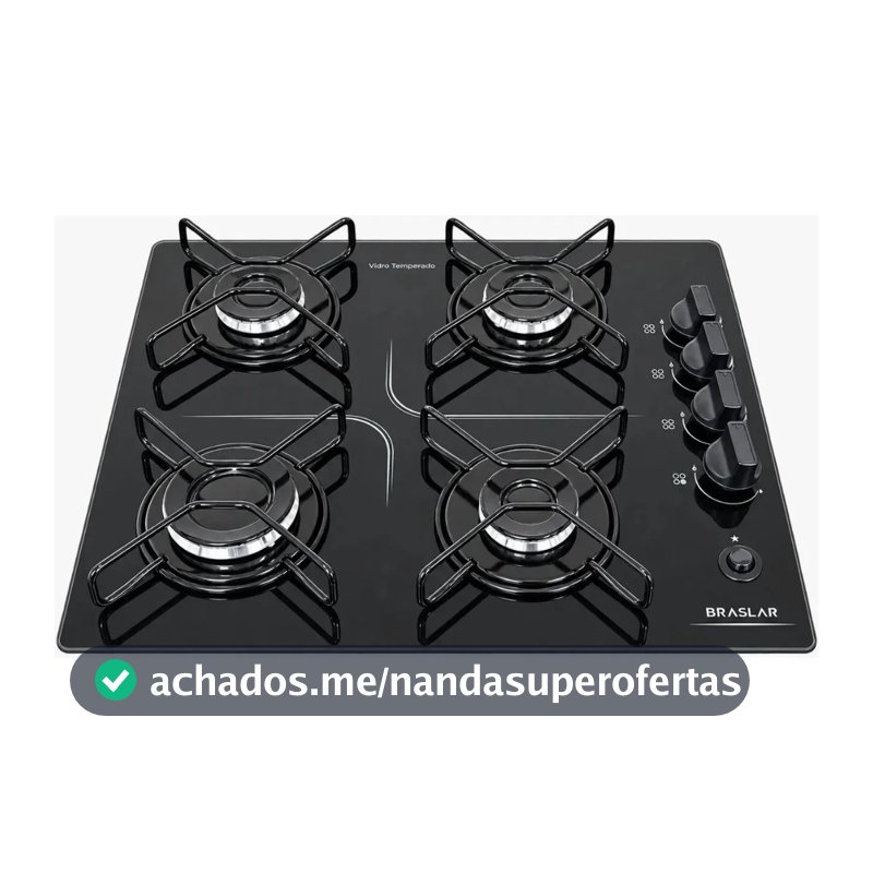 Fogão Cooktop Braslar Pop à Gás 4 Bocas Mesa de Vidro Preto Bivolt - Acendimento automático
