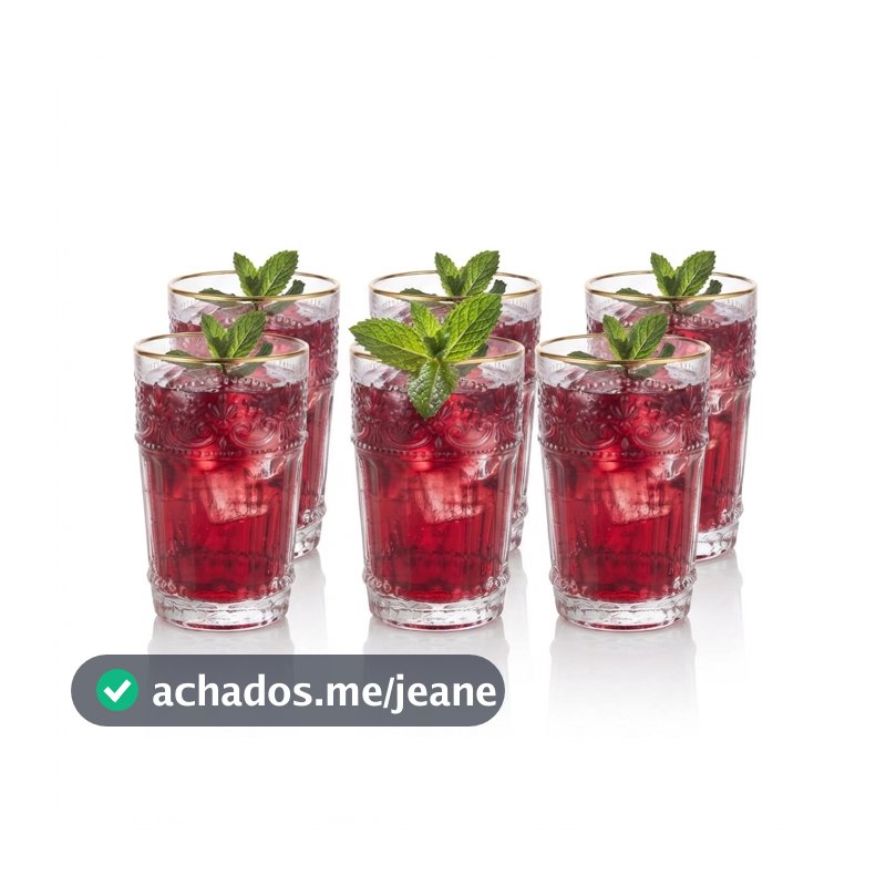 Conjunto 6 Copos Mauve com Fio de Ouro 350ml Vidro Wolff Copos para Agua Sucos Bebidas e Mesa Posta Qualidade Jantar Uso