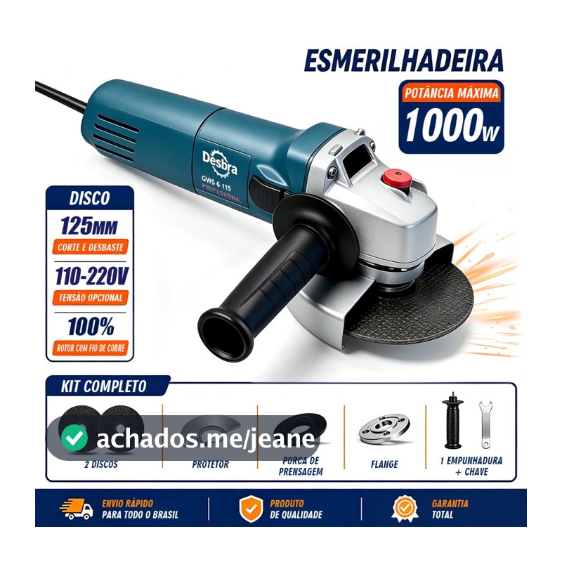 Kit Esmerilhadeira Lixadeira Angular Profissional 110V/220V Bivolt 1000W 11000RPM Núcleo 100% cobre Resistente