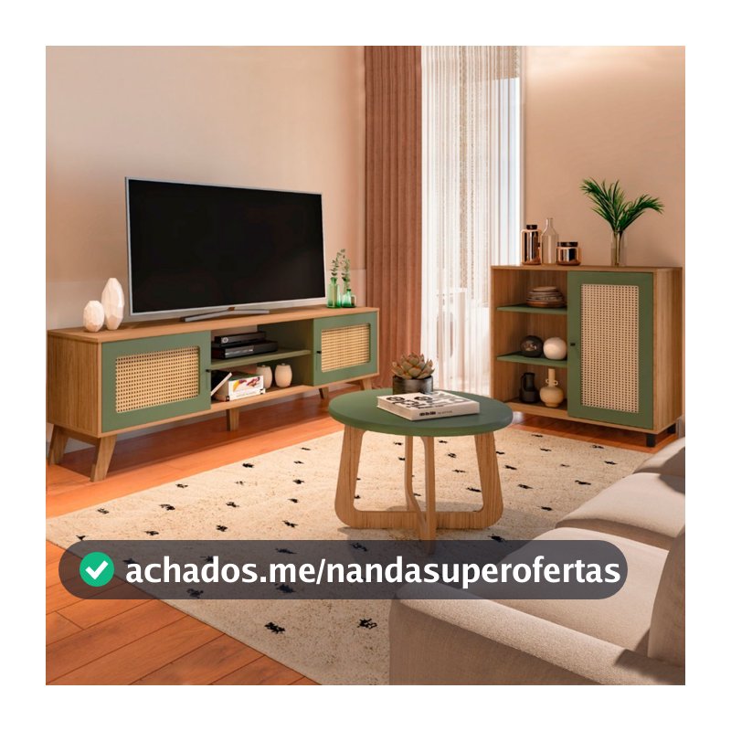 Sala de Estar Completa para TV Até 75 Polegadas Charlotte 3 Portas 3 Prateleiras Carvalho/Menta - Pnr Móveis