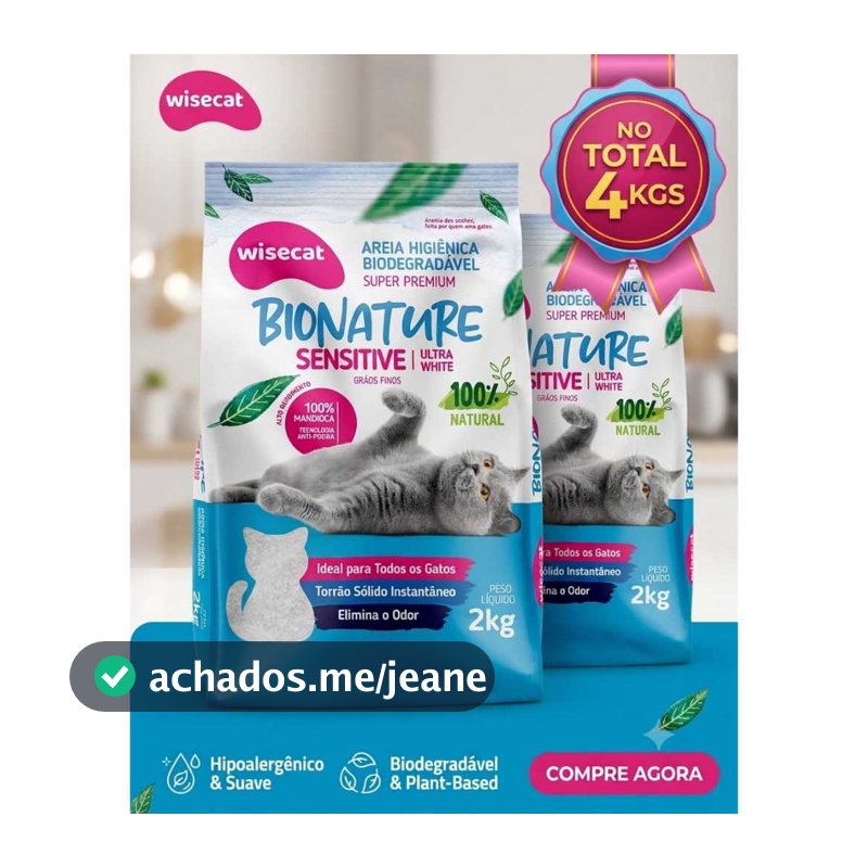 Kit 2 Areia para Gato Higiênica Biodegrádavel 100% Mandioca WiseCat Bionature Sensitive 2kgs Grãos Finos Elmina Odor