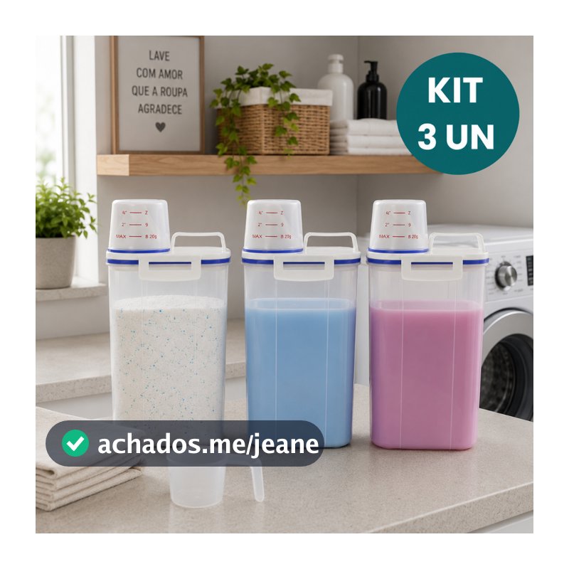 Kit 3 Potes Herméticos 2L Lavanderia Copo Medidor Bico Dosador Porta Sabão em Pó Amaciante Anti Vazamento