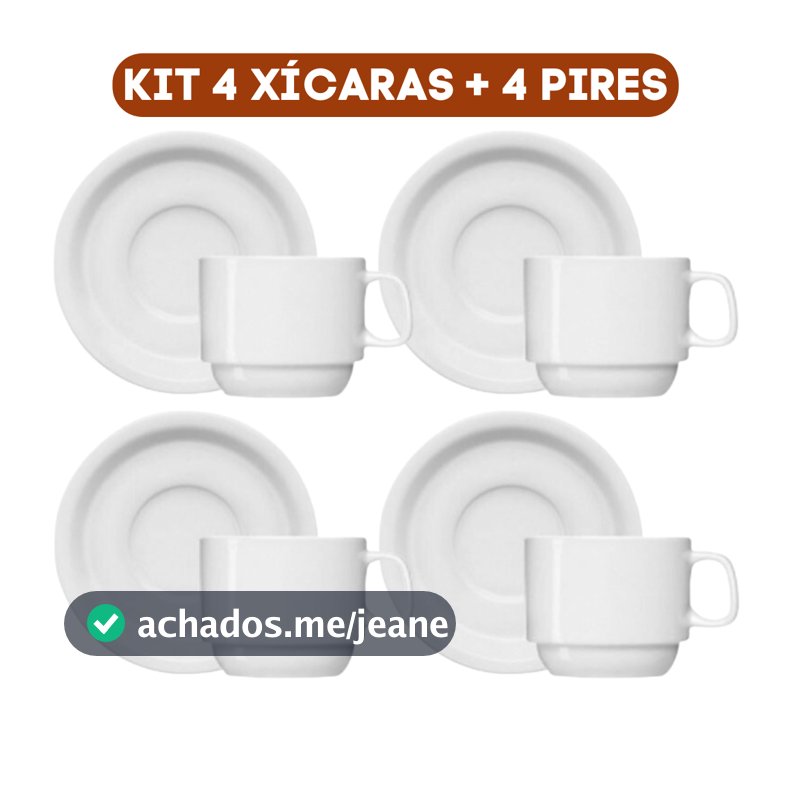 Conjunto 8 PÇS - 4 Xícaras Café Chá Porcelana Branca 200 ML + 4 Pires Porcelana Branco (ENVIO IMEDIATO)