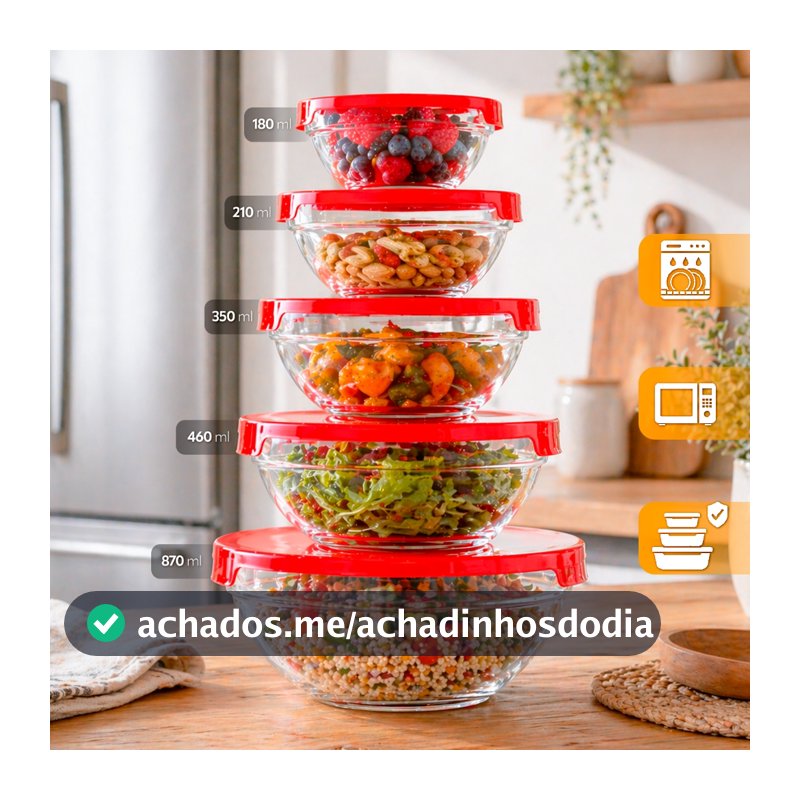 Kit 5 Tigelas de Vidro RedondasTampas Herméticas Potes Cozinha e Armazenamento