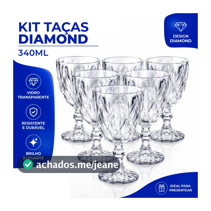Jogo Taças Vidro 340Ml Diamond Bico Jaca Abacaxi Conjunto Taça Para Água Vinho Tinto Suco Diamante