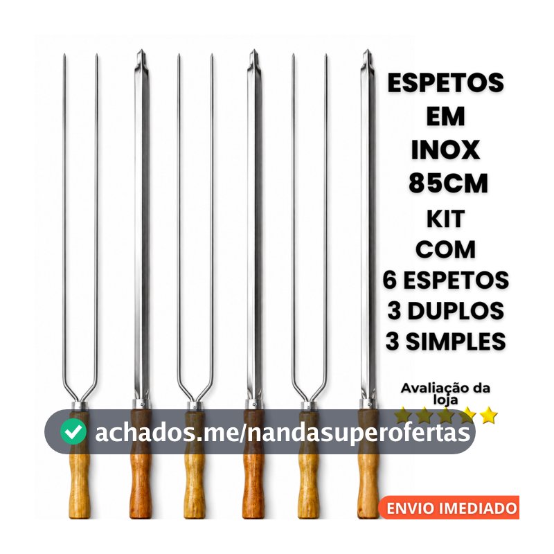 Kit 6 Espetos para Churrasco Premium Inox com Cabo de Madeira – Alta Resistência e Acabamento Profissional