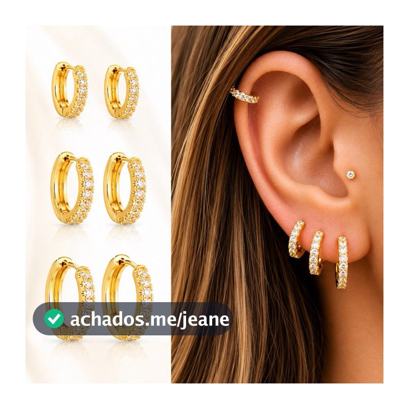 Trio De Argolas Femininas Cravejadas Brincos Banho Ouro 18k - 3 Pares Antialérgico Presente Namorada