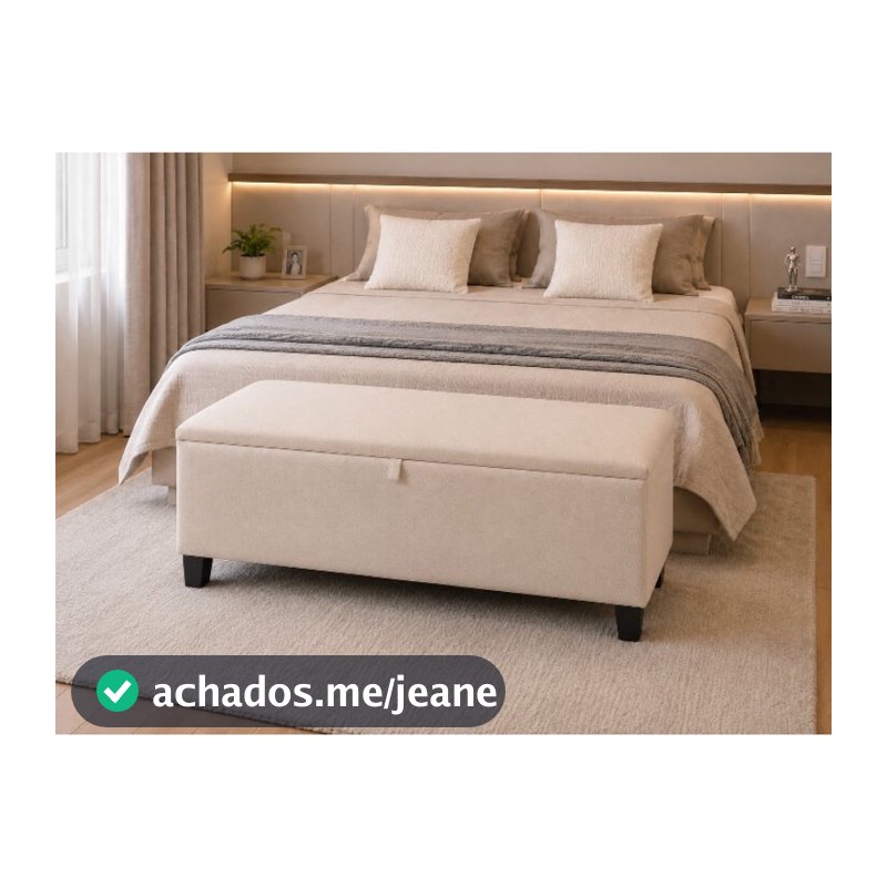 Baú Recamier 120cm Estofado Tecido Bouclê Bege Detalhe Couro Sintético Preto Organizador Quarto Casal