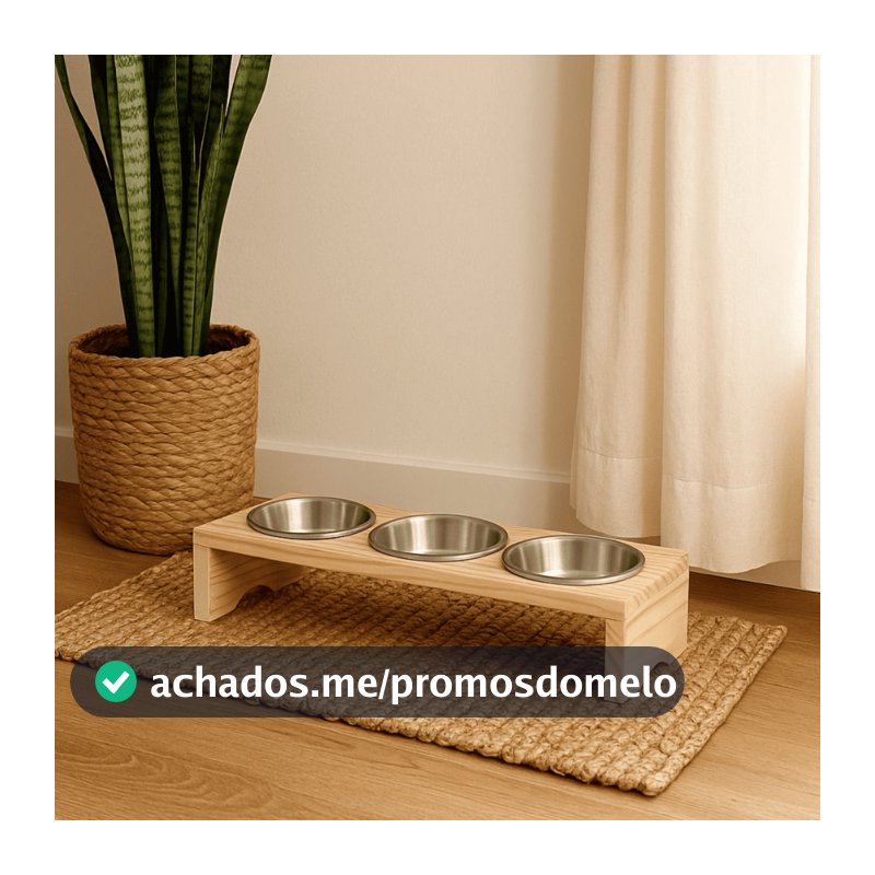 Comedouro de Gato em Madeira e tigela de Alumínio