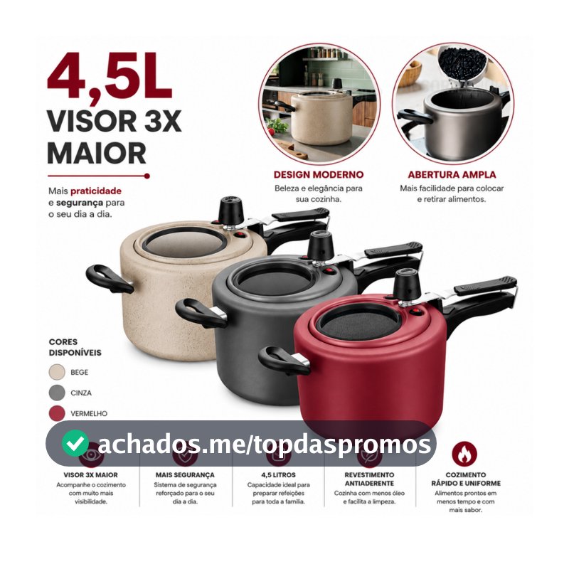 Panela de Pressão 4,5L Antiaderente com Visor de Vidro na Tampa 12cm Grande Grafite / Cereja / Perola 4,5 Litros MTA