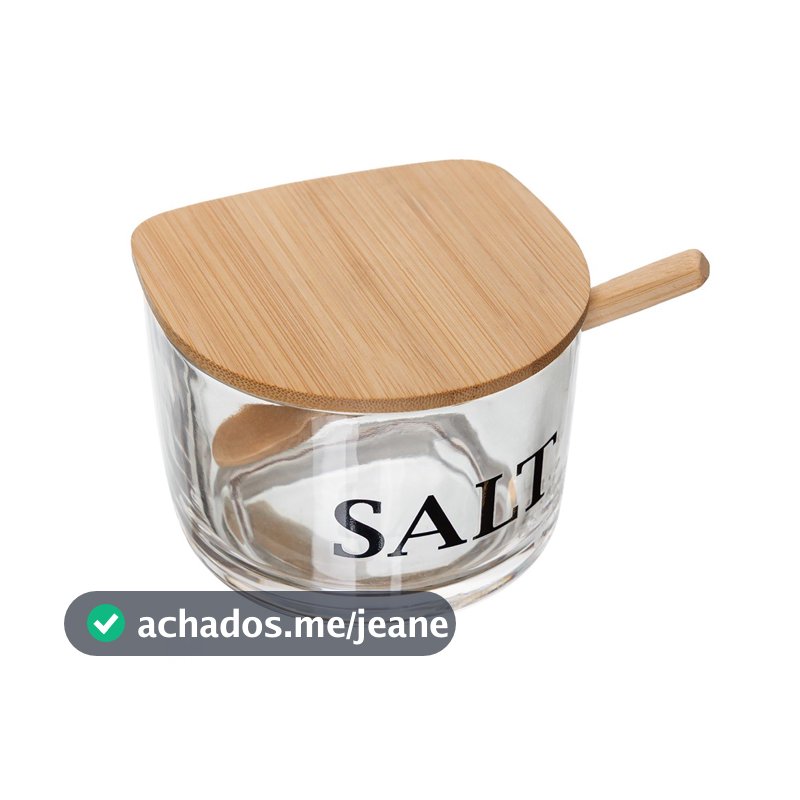 Saleiro de vidro com tampa e colher de bambu Compacto 10x10x7 cm Porta Sal Porta Condimento