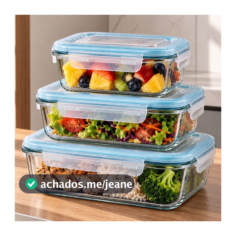 Kit 3 Potes Vidro Tampa Hermética 410ml 680ml 1040ml Marmita Armazenar Alimento Comida Refeição