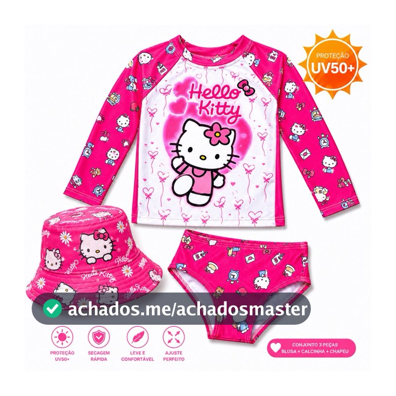 Conjunto Biquíni Infantil Menina Hello Kitty 3 Peças UV50+ Blusa Manga Longa, Calcinha e Chapéu Proteção Solar