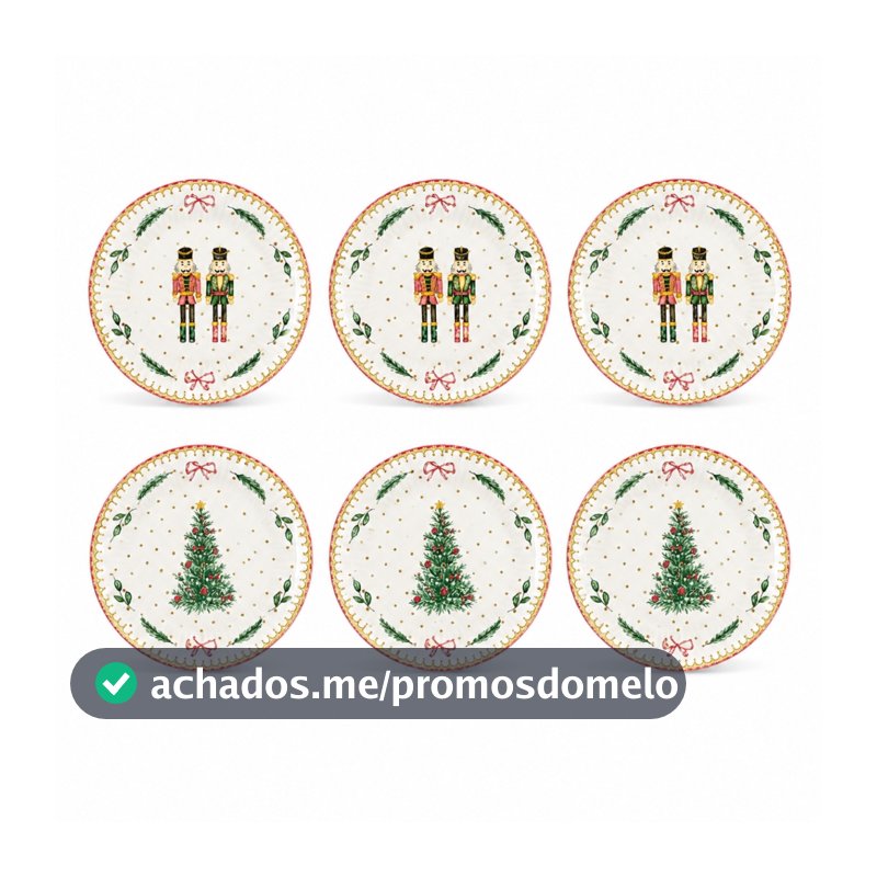 Kit 6 Pratos de Sobremesa Natalinos 21cm Porcelana Árvore Quebra-Nozes Mesa Posta Ceia de Natal