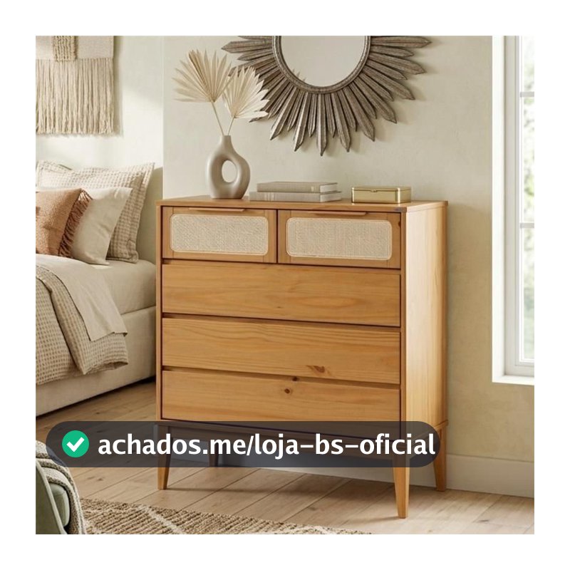 Cômoda 5 Gavetas Madeira Maciça com Telinha Rattan Viena Mel Marrom Mel