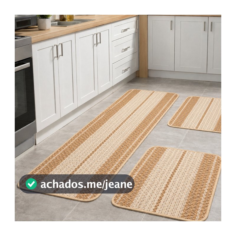 Jogo De Tapete 3 Peças Passadeira Para Cozinha de Crochê Luxo Antiderrapante Decorativo Liso Listrad