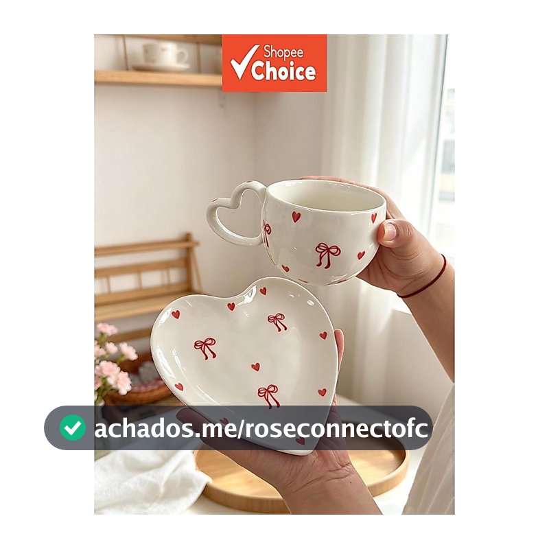 Conjunto De Xícara De Cerâmica E Pires De Coração Com Laço Rosa , Aparelho Para Bebidas Borda Ondulada De 280ml , Talher