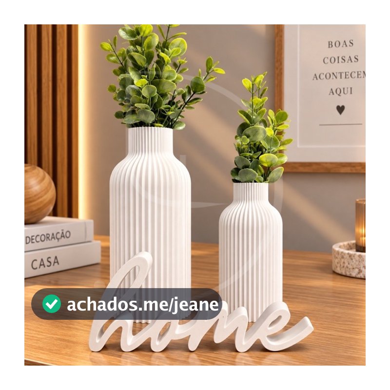 Kit Decorativo Minimalista Home 2 Vasos Cachepô Moderno Palavra Estilizada Planta Artificial Presente Enfeite Sala Rack