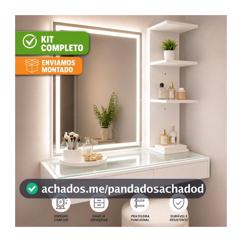 Kit Penteadeira de Vidro com Espelho LED e Prateleira Organizadora Premium Camarim Maquiagem Gaveta Suspensa