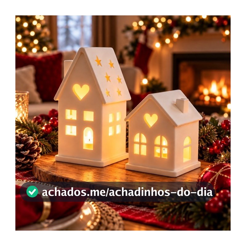 Kit 2 Casinhas de Natal com Luz LED e Vela Inclusa 10 cm e 7 cm Enfeite de Mesa Aparador Vila Natalina