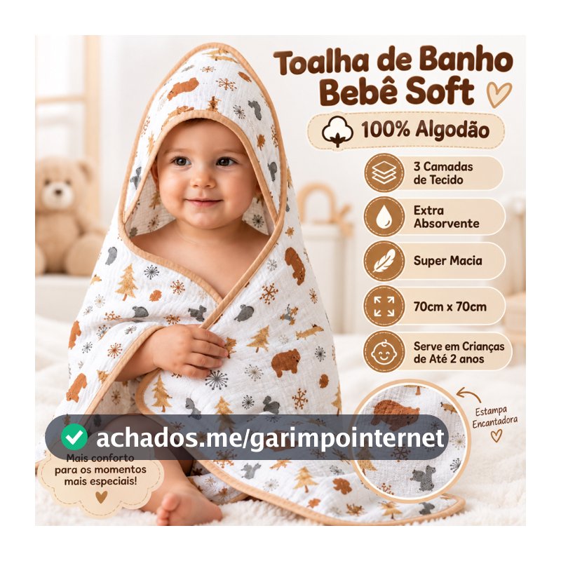 Toalha de Banho Bebe Fralda Soft com Capuz 100% Algodão Enxoval Menino Menina Neutro 3 camadas