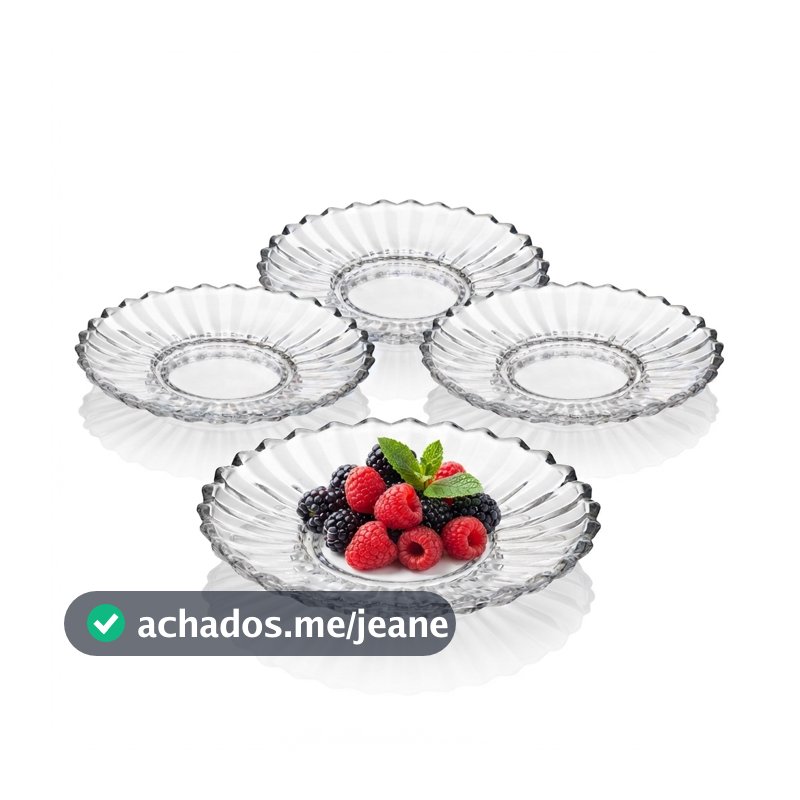 Jogo 4 Pratos de Sobremesa Wolff Geneva Cristal 16cm Texturizado para Doces Bolo Torta Frutas Mesa Posta Chá Café Chique