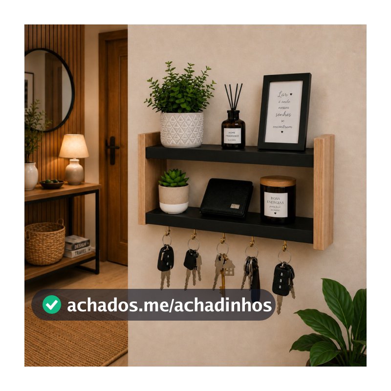 Porta Chaves de Parede com Prateleira Organizador MDF Branco 5 Ganchos Decorativo