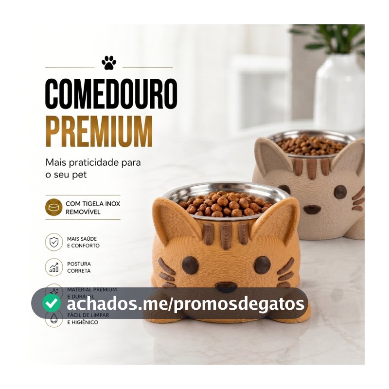 Comedouro para Gatos e Cachorros Pequenos com Tigela Inox Removível Anti Refluxo Design Gatinho Acabamento Premium