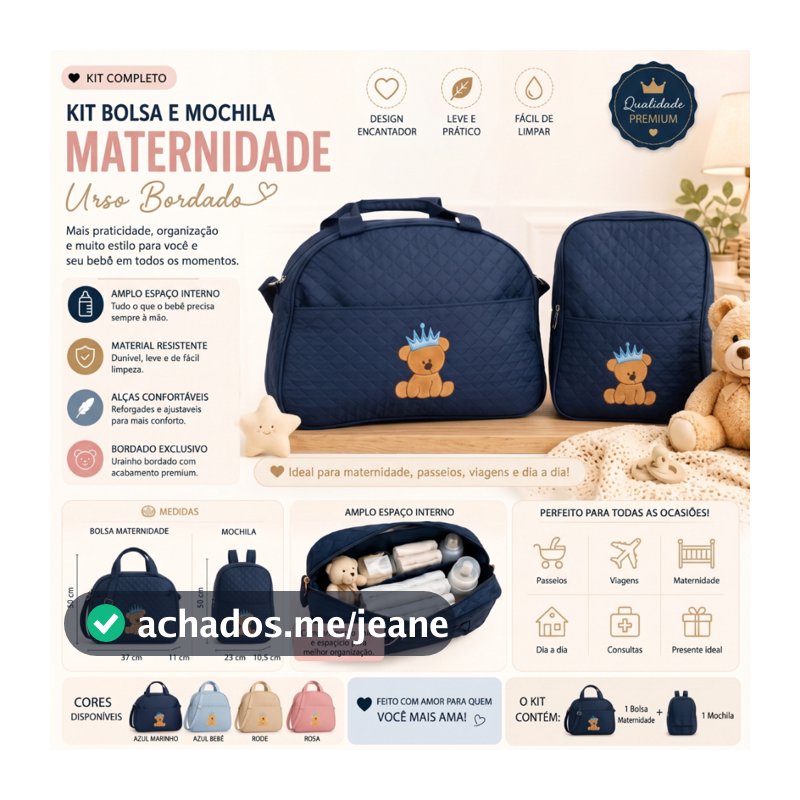 Kit Bolsa E Mochila para Bebê Saida Maternidade Urso Bordada