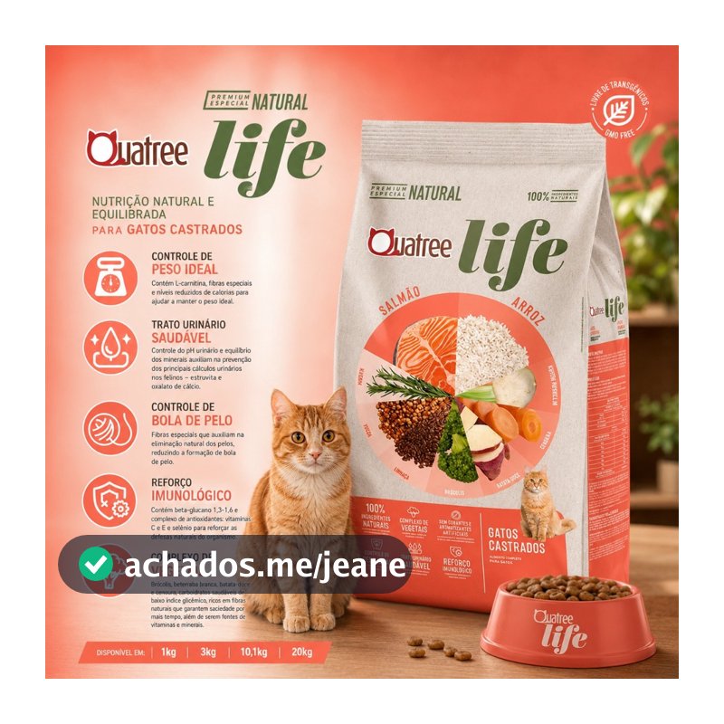 Racao Quatree Life Gatos Castrados Sabor Salmao e Arroz 10kg-Envio Rapido