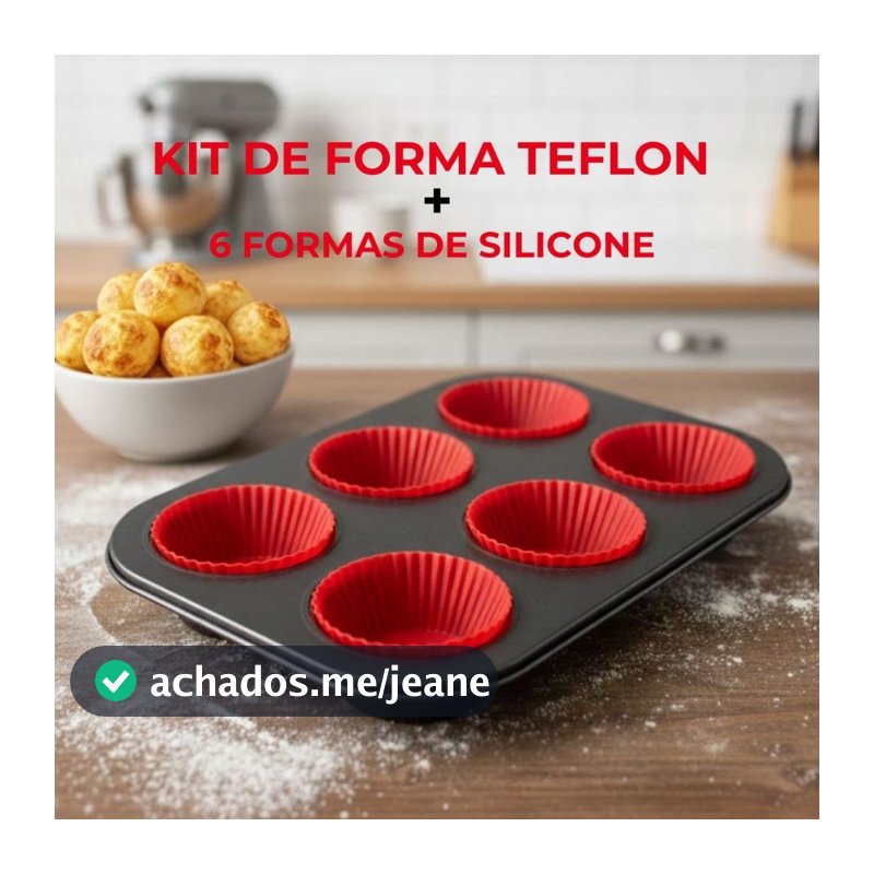Forma Cupcake Antiaderente + 6 Forminhas Silicone Kit Assadeira Teflon Cozinha Pão de Queijo Muffin Petit Gateou Aço