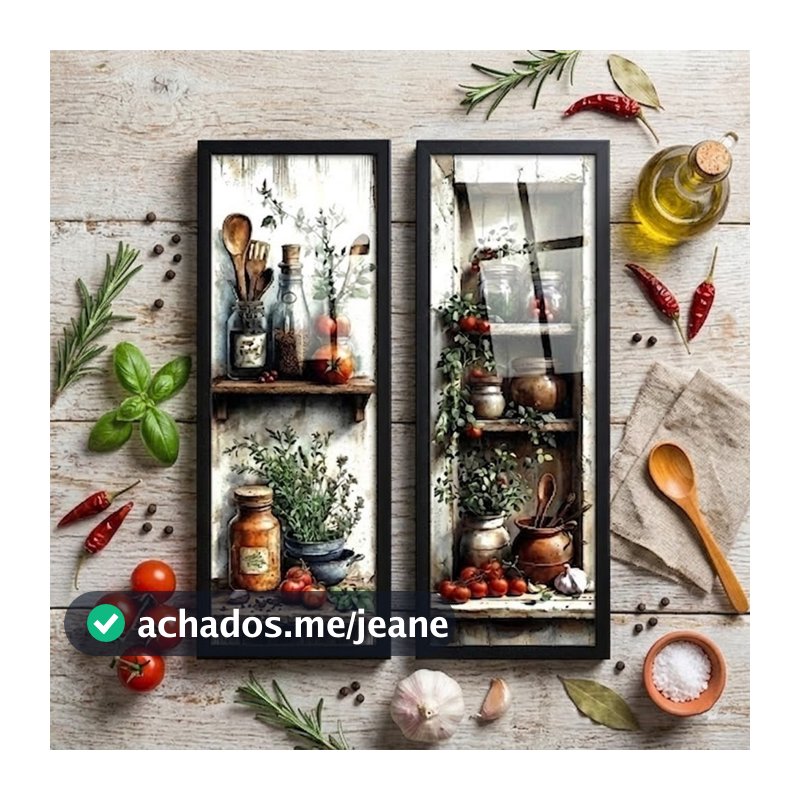 Kit 2 quadros 18x45 cm, área gourmet, área de churrasco, temperos, gourmet, cozinha, com vidro
