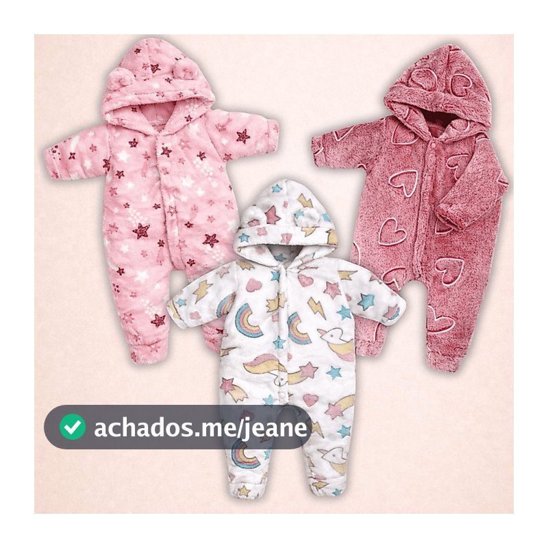 Kit 3 Peças Macacão Bebe Inverno Microfibra Com Capuz Menina