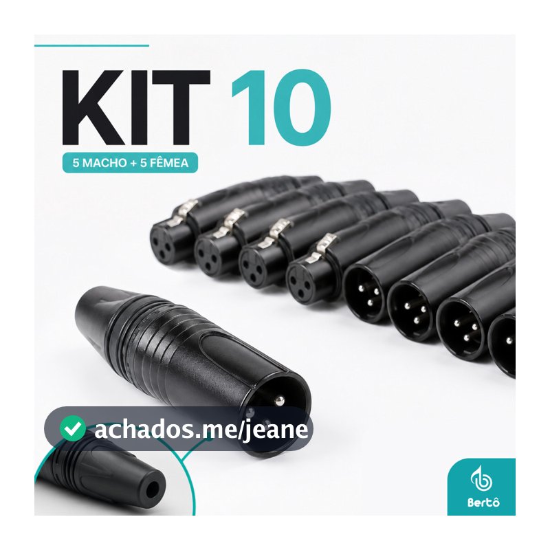 Kit 10 Conector Plug XLR Canon Macho e Fêmea 3 Pinos Preto Bertô Profissional