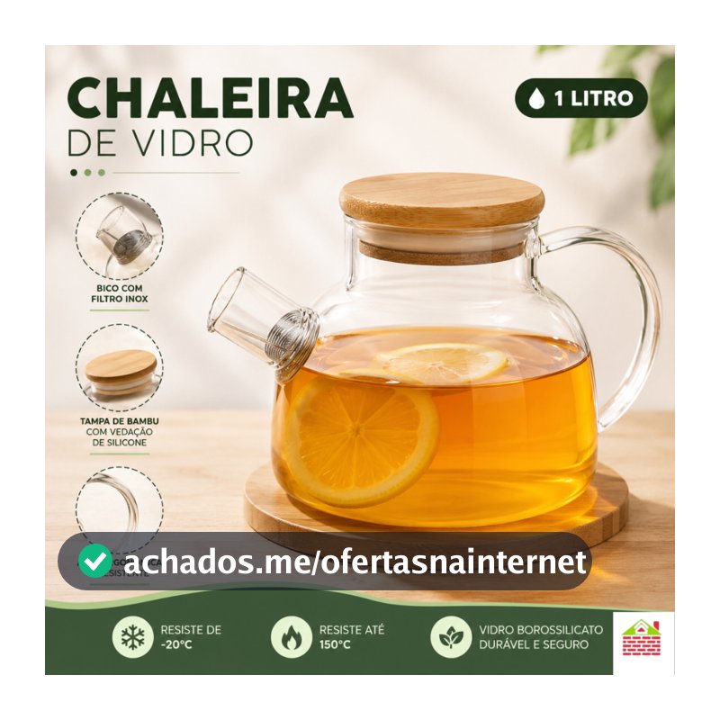 Chaleira Vidro Borossilicato 1 Litro Coador Inox Tampa Bambu com Vedação Silicone Premium