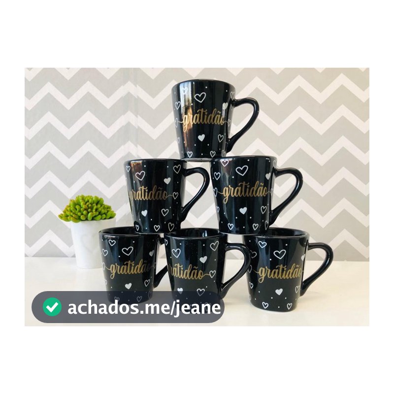 Jogo Kit 6 Xícaras Canecas Café Porcelana 120ml Preta Decorada Gratidão