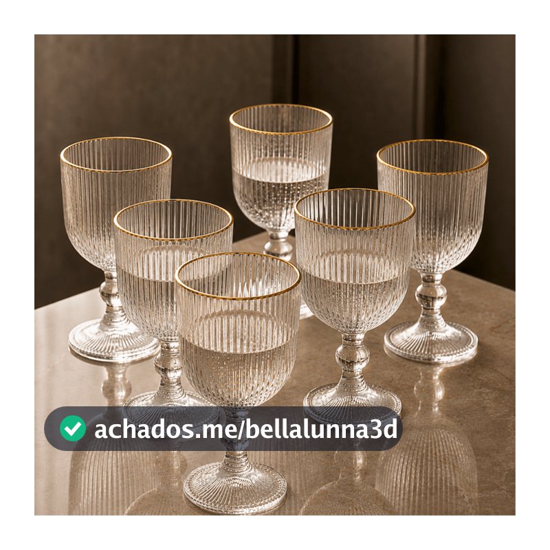 Jogo 6 Taças Canelada com Borda Dourada 280ml Água Suco Drinks Mesa Posta
