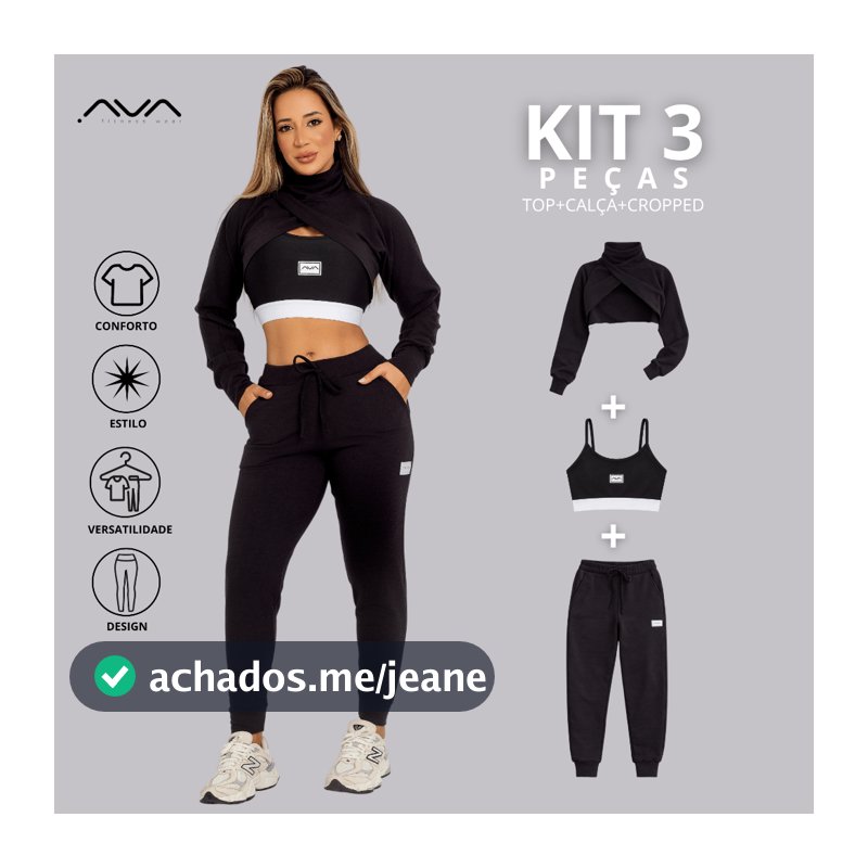 Conjunto Inverno Moletinho Kit 3 Peças Cropedd Manga+Top+Calça Jogger Academia Comfy AVA Fitness
