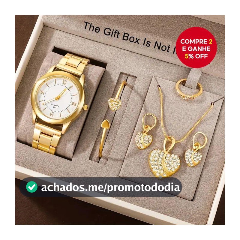 Conjunto Elegante De Relógio De Quartzo Feminino Com 6 Peças Em Tom Dourado , Mostrador Romano , Coração De Strass , Pre