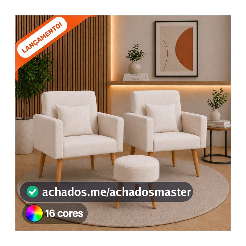 Kit 2 Poltronas Decorativo Para Sala Nina e 1 Puff Redondo Pés Palito Suede Aninha Poltronas