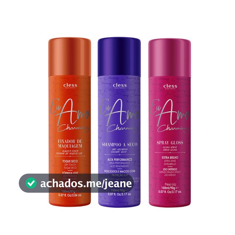 Kit Shampoo a seco + Fixador de maquiagem + Spray Gloss Eu Amo Charming