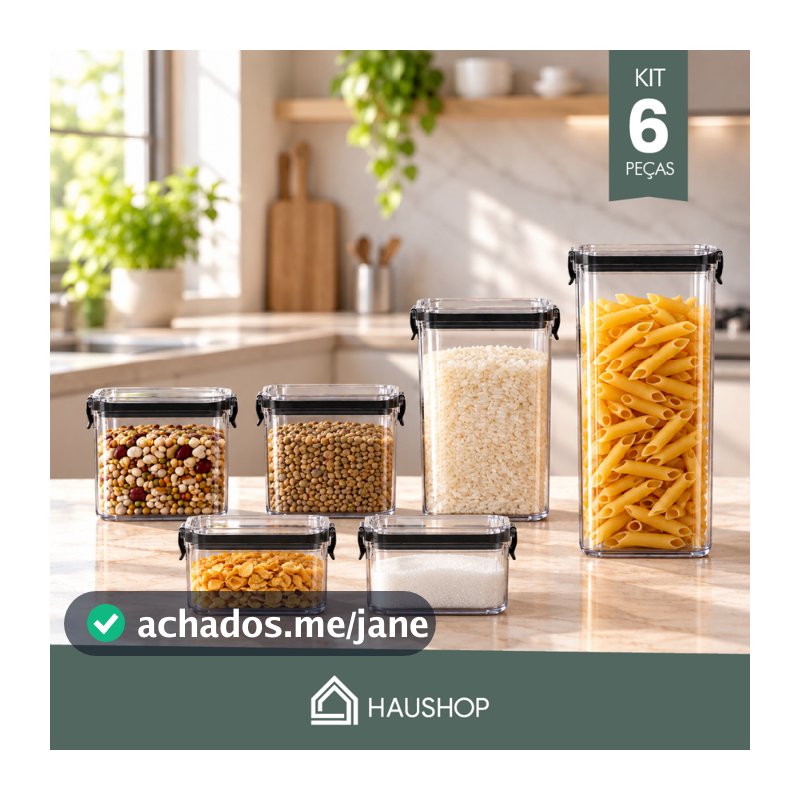 Potes Herméticos Kit 6 Unidades Plásticos Haushop BPA Free Para Alimentos Porta Mantimentos Organizador Cozinha