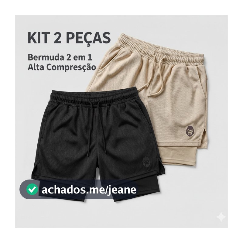 Kit 2 Bermudas Shorts Masculino Kong 2 em 1 Com Forro Térmico e Bolso Celular Academia Corrida