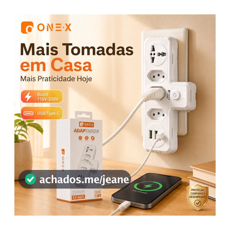 Adaptador de Tomada com 3Tomadas, 2 USB e 1 USB-C - Alta Potência e Segurança