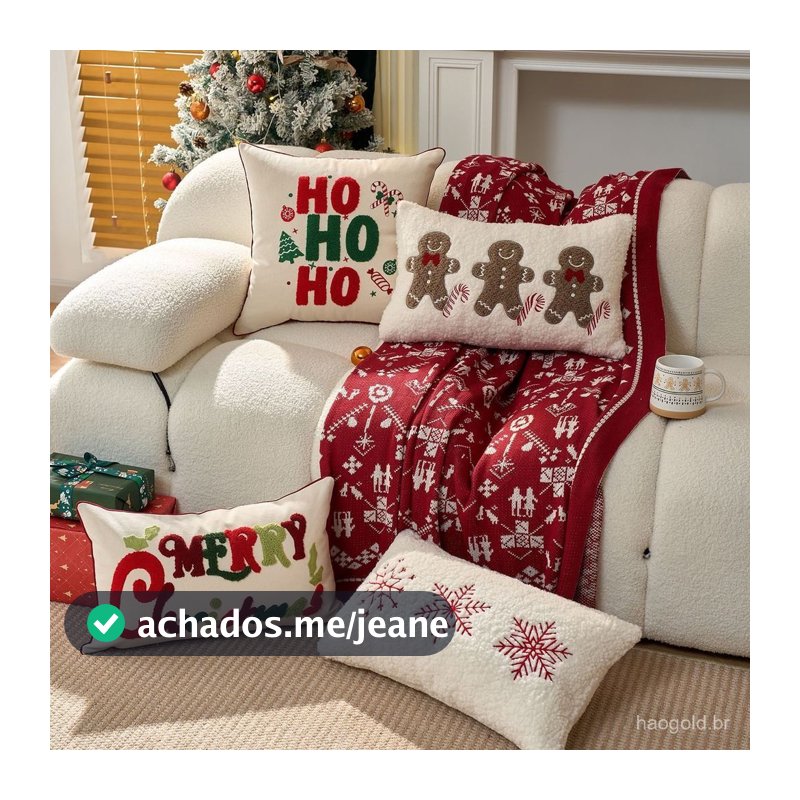 Capa de almofada bordada HOHOHO para o Natal, nova capa de almofada com floco de neve vermelho