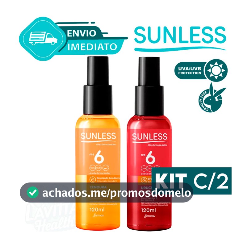 Kit C/2 Óleo Bronzeador Urucum & Cenoura com Vit E FPS 6 Sunless Bronze Natural 120ml Envio Imediato