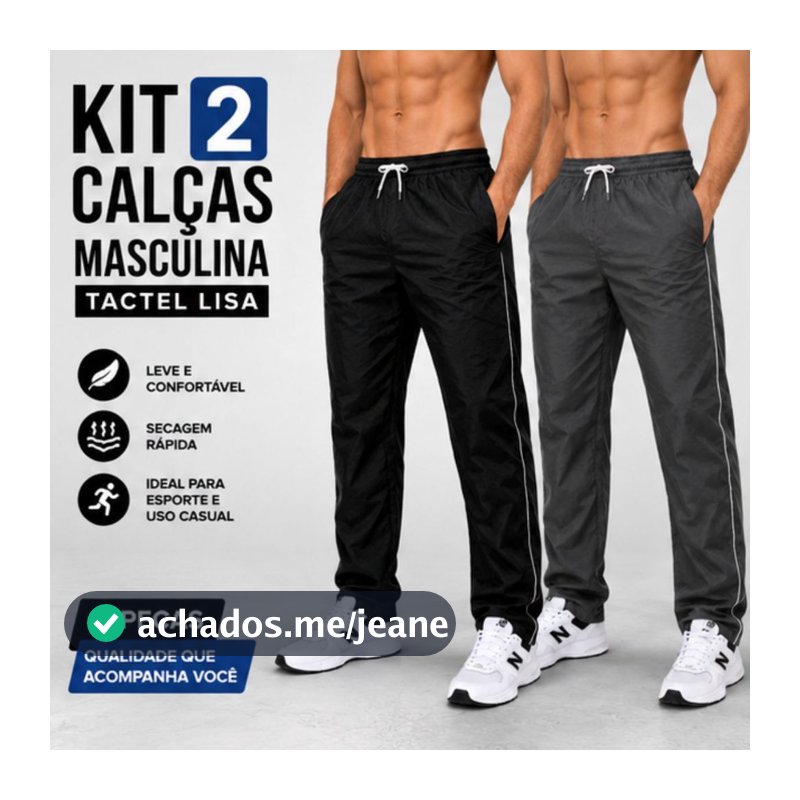 Kit 2 Calças Masculina Tactel Lisa Com 3 Bolsos Esportes Caminhada Treino Academia Frio Corrida