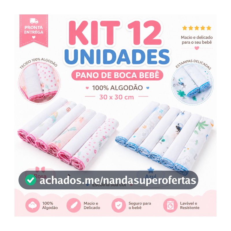 12 Unidades Pano de Boca Bebe Fralda de Boca Babete 100% Algodão 30cm x 30cm