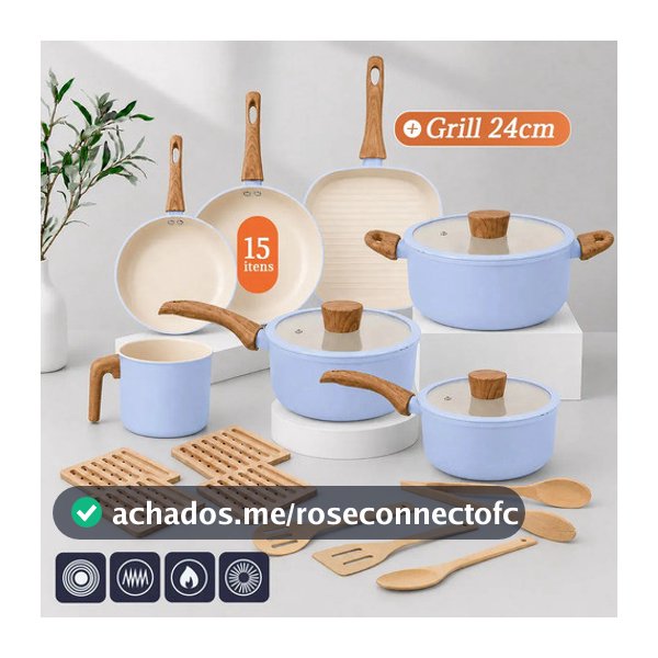 Jogo De Panelas 15 Peças c/ Grill Antiaderente 3 Camadas Cerâmica PFOA Free Indução todos os fogões PPG Neoglide Tuut