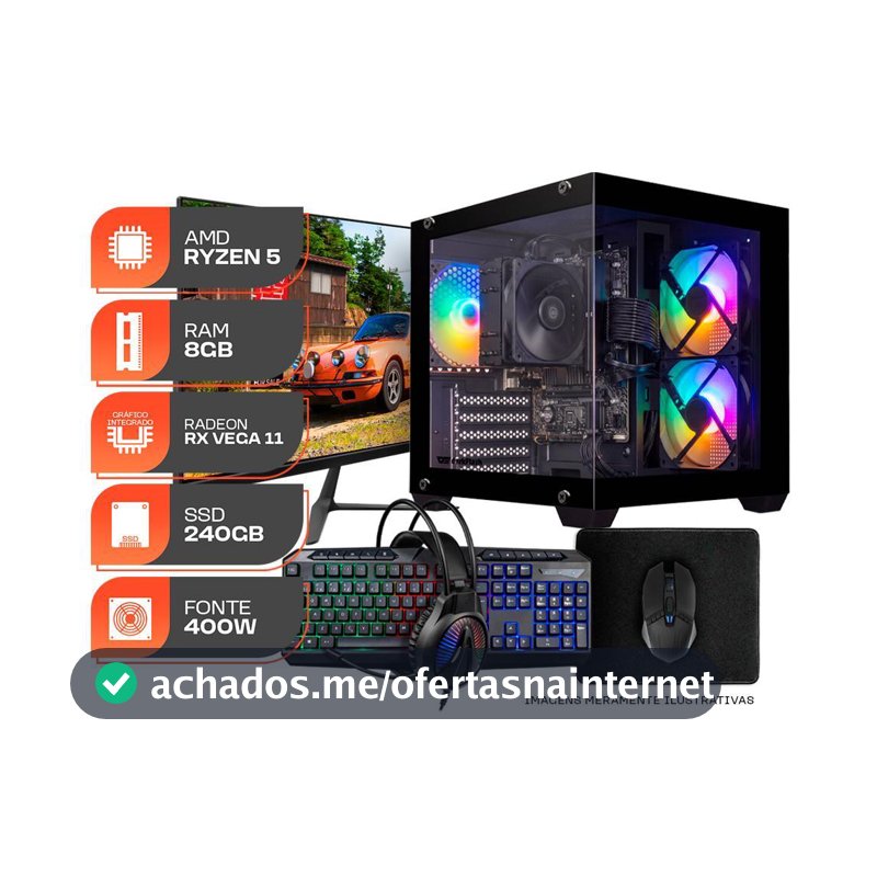PC Gamer Forge, AMD RYZEN 5 3400G, Radeon Vega 11, 8GB DDR4, SSD 240GB, Completo com Monitor 21 e Periféricos